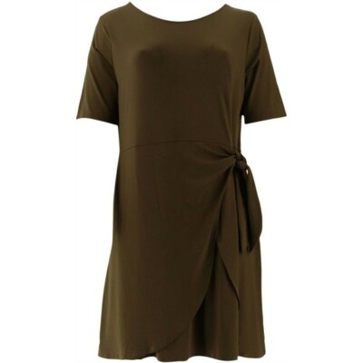 H Halston Jet Set Jersey Dress Faux Sarong Tie-Basil-Petite Medium-NEW-A305388