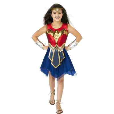 DC Comics Wonder Woman Sequin Dress Halloween Costume, Red/Blue/Gold Size S(4-6)