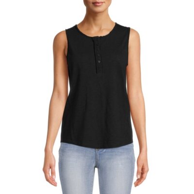 Time & Tru Women's Black Henley Tank Top Fashion Raw Edge Detail MANY SIZES NWT