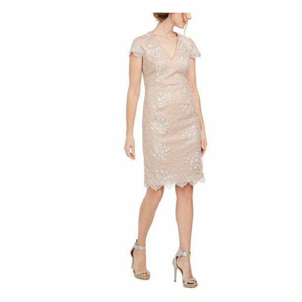 Calvin Klein NWT ХАКИ/ТЕЛЕСНОЕ кружевное платье с коротким рукавом и V-образным вырезом в цветочек, расшитое блестками 8