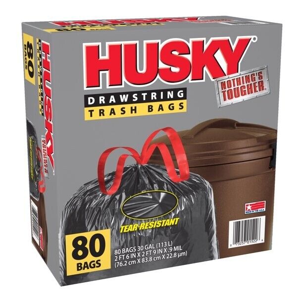 Husky Large Trash Bags, 30 Gallon, 80 Count, Tear-Resistant, Drawstring