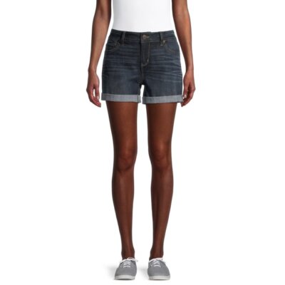 TIME AND TRU WOMEN'S MID RISE RELAXED FIT CUFFED 4'' SHORTS NEW DARK WASH BLUE