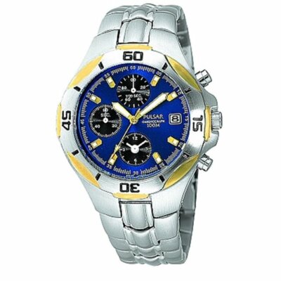 NEW PULSAR BY SEIKO PF8036 TU-TONE WATCH ALARM CHRONOGRAPH ANALOG STEEL 