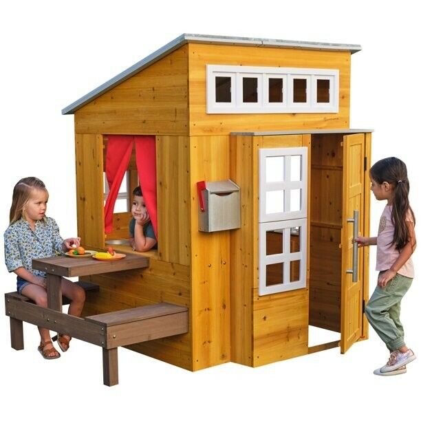 outdoor wooden playhouse with picnic table mailbox