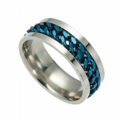 Stainless Steel Electric Blue Cuban Link Spinner Ring 136