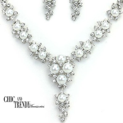 HIGH END WHITE PEARL CRYSTAL WEDDING FORMAL CHUNKY NECKLACE JEWELRY SET