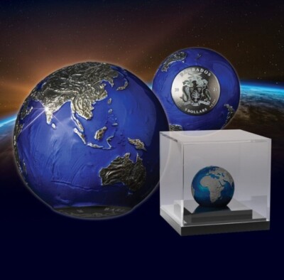2021 BLUE MARBLE AT NIGHT Planet Earth Spherical 3 Oz Silver Coin 5$ Barbados