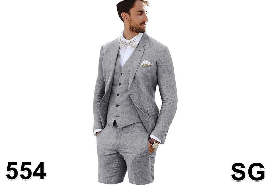 Men's Linen Suits 3-Piece Casual Summer Beach Wedding Suit Retro Slim Fit Tux, L