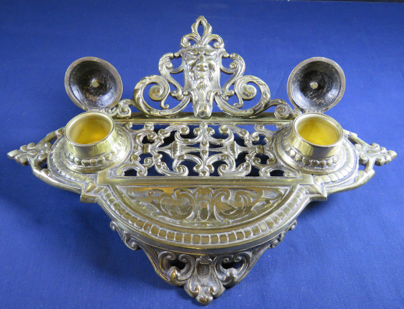 Vintage Footed Brass Bronze Inkstand with Double Brass Inkwells Brass Lid Japan