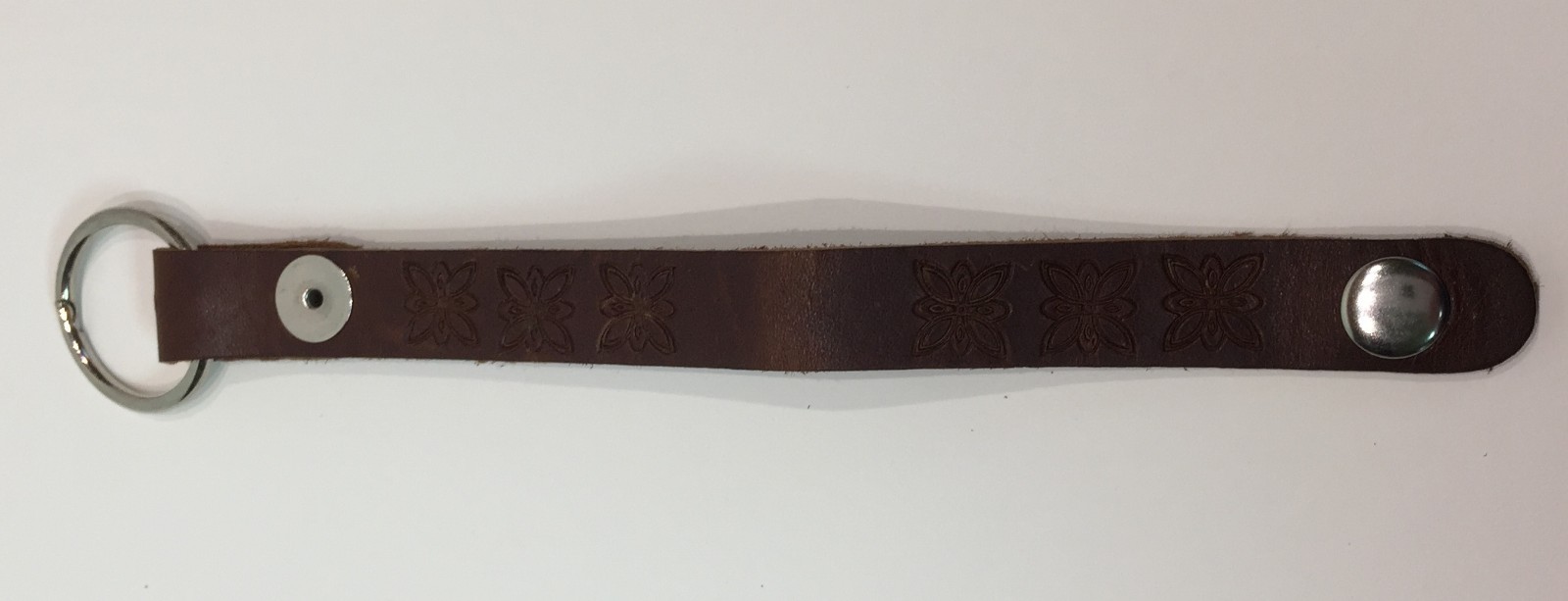 Handmade Embossed Genuine Leather Key Ring with Snap Closure - Brown