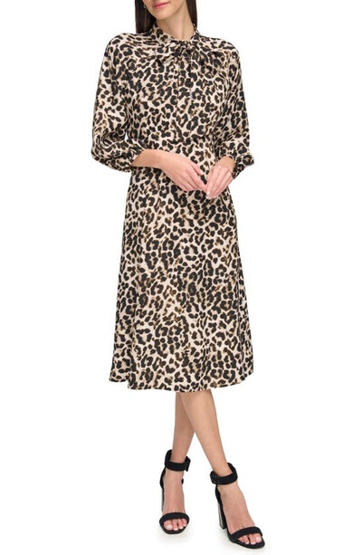 Элегантное женское платье с леопардовым принтом Calvin Klein, рукав 3/4, вырез горловины с завязками, размер 6
