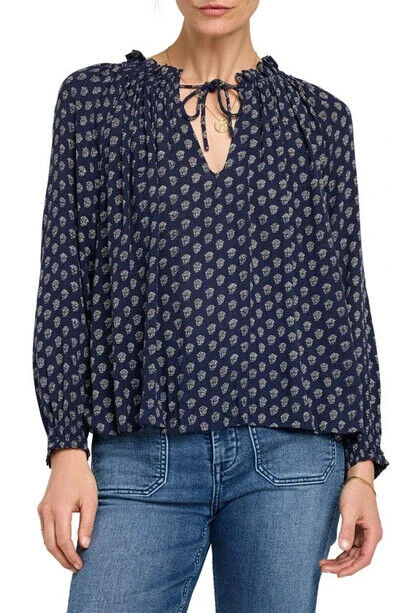 Faherty Emery Floral Peasant Blouse Women's Navy Smocked Split Neck Long Sleeve - Picture 1 of 16