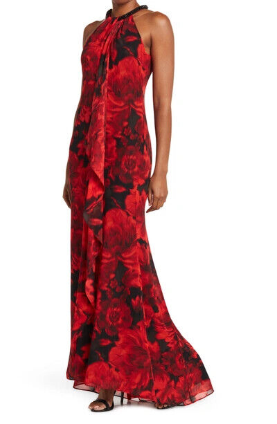 Calvin Klein Элегантное красно-черное вечернее платье с драпировкой и оборками спереди, длинное платье, размер 12