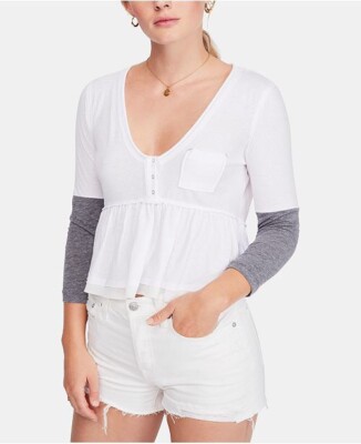 $58 Free People Heart Of Mine Cotton Colorblocked White Ivory Gray Peplum Top M