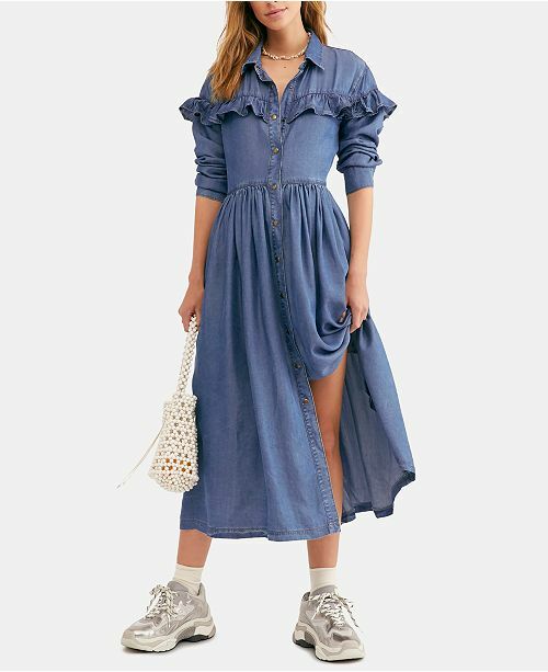 

NWD FREE PEOPLE Шамбре MONTANA SUNSET Джинсы с рюшами Джинсы-платье-рубашка миди, Синий, MONTANA SUNSET