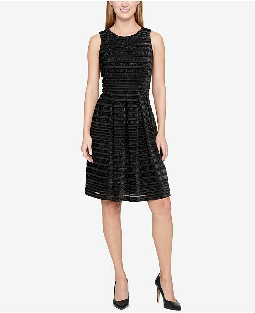 

Tommy Hilfiger NWT BLACK Бархатное приталенное и расклешенное платье в полоску с тенями, размеры, Черный, Elegant