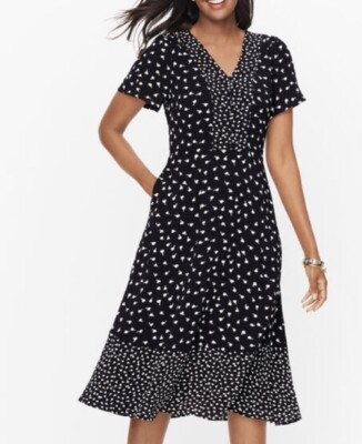 TALBOTS FLUTTER SLEEVE MIDI DRESS SIZE 16 NWOT Black & white Chiffon Floral