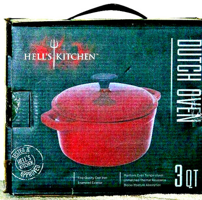 HELL'S KITCHEN RED MAROON 3 QT CAST IRON ENAMELED DUTCH OVEN + LID NEW IN BOX