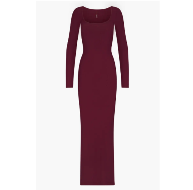

SKIMS Kim Kardashian Мягкое трикотажное облегающее платье винно-красного цвета с длинными рукавами  8/10, Красный