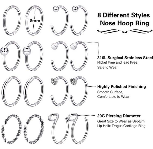 32PCS Nose Hoop Rings L Shaped Pin Studs 20G Surgical Steel Piercing Jewelry Set