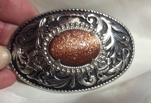 Cowboy Style Oval Belt Buckle Silvertone Etched Scroll Polished Dome Sand Stone