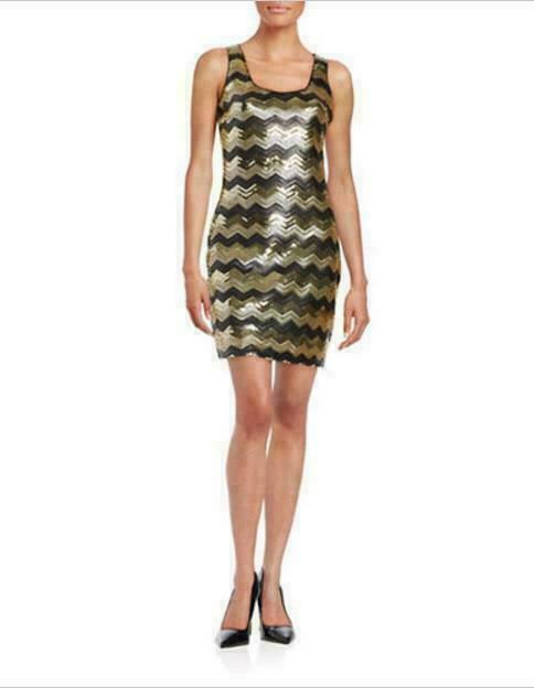 

GUESS NWT Изысканное коктейльное платье ЗОЛОТОГО/ЧЕРНОГО цвета с шевронным принтом и пайетками 4,6,8,10, Gold and black, Elegant