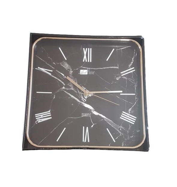 Orologio Da Parete Quarzo Muro Quadrato Effetto Marmo Nero Oro Arredamento dfh