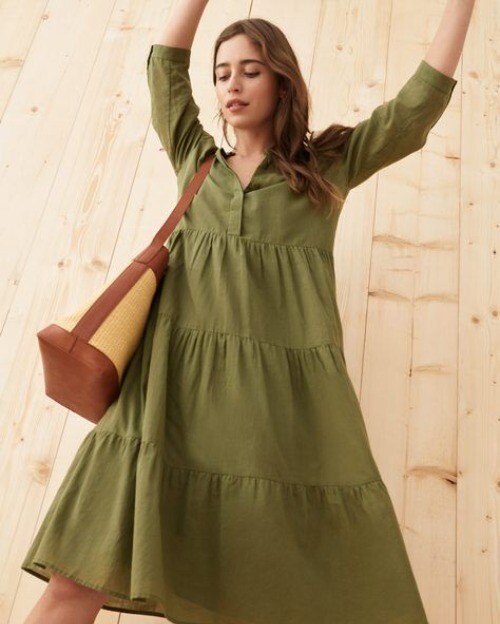 Pre-owned Jenni Kayne James Tiered A-line Dress 3/4 Sleeve Moss Green Xs