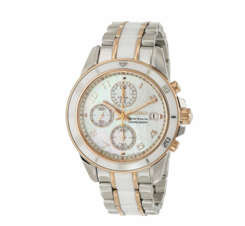 Pre-owned Seiko Sndx54 Two Tone Rose Gold Pearl Dial Women's Ceramic Chronograph Watch