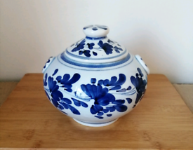 Hand painted blue and white lidded pot