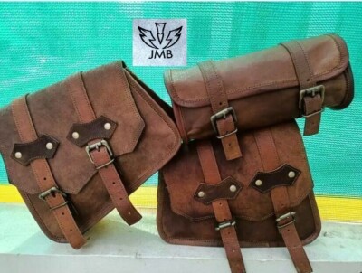 Motorcycle Vintage Goat Leather THREE Saddle Bag Swing Arm Front Fork Tool Pouch