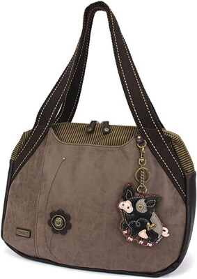 New Chala Bowling Zip Tote Large Bag Stone Gray Coin Purse SPOTTED BLACK PIG