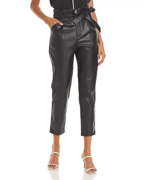 Lucy Paris Faux Leather Paperbag-Waist Pants Women's S Black Zip Fly Belt Loop - Picture 1 of 15