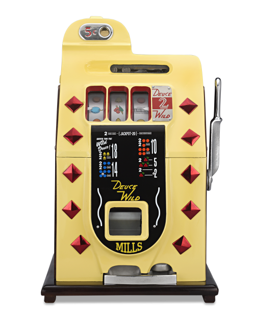 nostalgic 5-cent Deuces Wild diamond-front slot machine built by MILLS of CHICAG