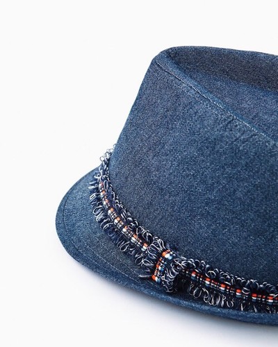 New Zara Denim Kid Girl Hat Contrasting Colourful Band Cotton Raffle L Indigo