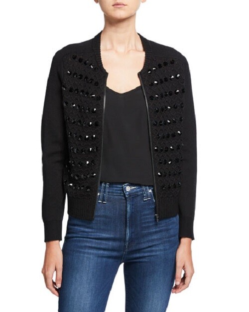 Pre-owned Kobi Halperin Ashley Embellished Zip Cardigan Sweater Size -m $498 In Black