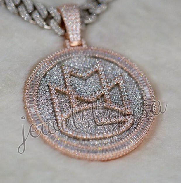 Pre-owned Nsg 3.1ct Men's Baguette Cubic Zirconia "mmg" Custom Fancy 2 Tone Pendant 925 In White