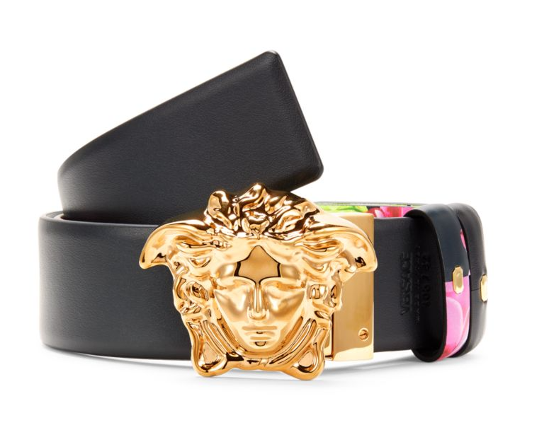 Pre-owned Versace Floral Black Orchid Medusa Reversible Belt Us 38 Waist