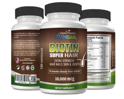 BIOTIN 10000 mcg Nail Skin Hair Growth Vitamins with keratin, B,C,A,E 120 CAPSUL