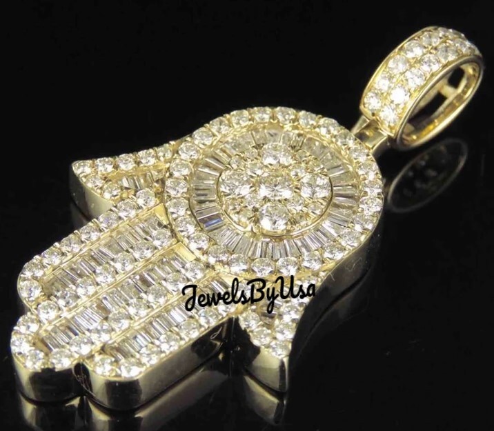 Pre-owned Nsg Men's Baguette Moissanite Hamsa Hand Charm Pendant 3ct Yellow Gold Plated Silver