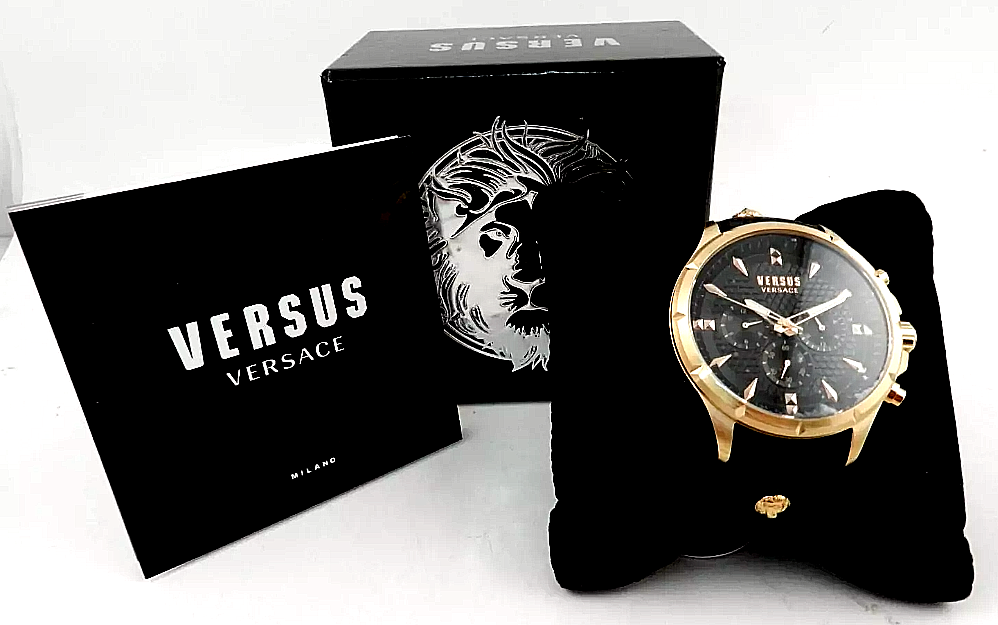 Pre-owned Versace Versus  Mens Chrono Lion Gold 45mm Strap Fashion Watch