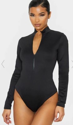 Pretty Little Things Black Bonded Scuba High Neck Zip Bodysuit NWT SZ 2 BLK