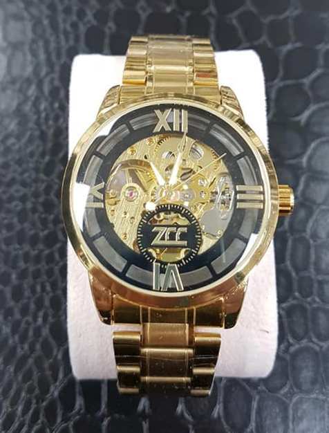 Orologio Da Polso Zcc Romani Uomo Automatico Meccanico Casual Oro Nero lac