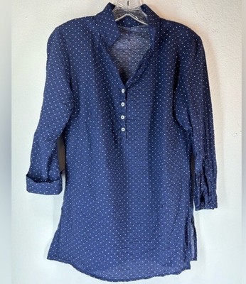 ELEVEE CUSTOM CLOTHING WOMANS TOP small BLUE WHITE POLKA DOT BUTTON FRONT WOVEN