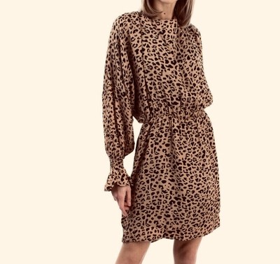 BAUM UND PFERDGARTEN BLOUSON DRESS LEOPARD PATTERN OPEN BACK L 100% VISCOSE