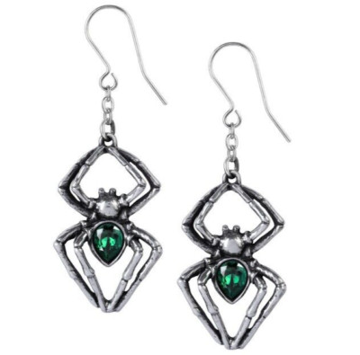 Alchemy Gothic Emerald Venom Spider Earrings Green Crystal Surg Steel Hooks E428
