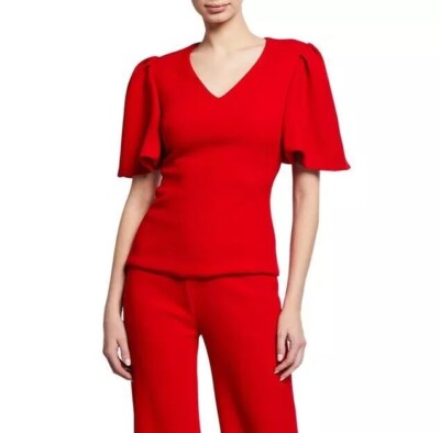 Brandon Maxwell Top 2 Red Flutter Sleeve V Neck Blouse Wool Women s NWT $1295
