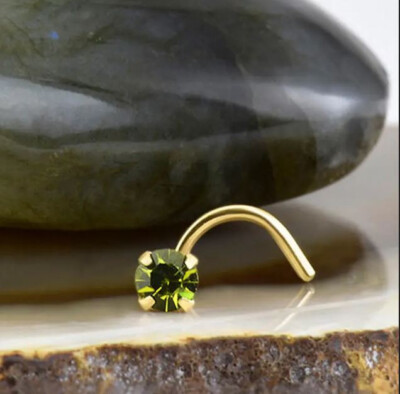 14K, 18K,Solid Yellow, White, Rose Gold Nose Ring CorkScrew Stud Green Diamond