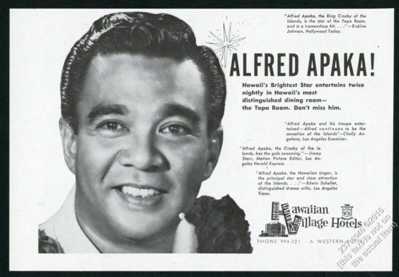 1960 Alfred Apaka photo Hawaiian Village Hotel vintage print ad