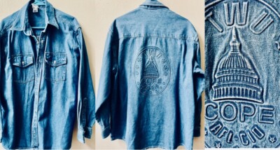 TRANSPORT WORKERS UNION EMBOSSED  TWU COPE  VINTAGE DENIM SHACKET SIZE XL~RARE*